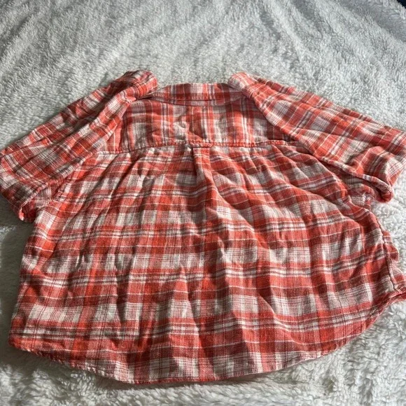American Eagle Women's M Orange White Plaid Cropped Flannel Button Down Shirt - Picture 10 of 11